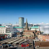 View of the Birmingham skyline including the church of St Martin, the Bullring shopping centre and the outdoor market. Birmingham, England, UK, Western Europe