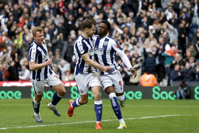 Jayson Molumby and Josh Maja celebrate the latter’s penalty in the draw against Wrexham on Good Friday. (Photo by Adam Fradgley/West Bromwich Albion FC via Getty Images)