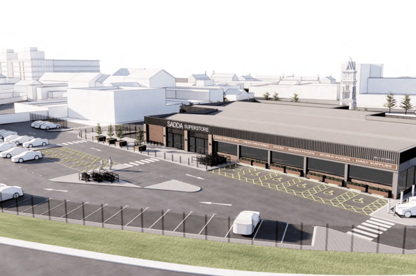 An artist's impression of the new Sadda Superstore supermarket at the former Peugeot showroom in Carter's Green, West Bromwich. 