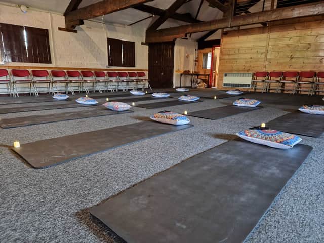 Yoga mats, pillows, eye masks and candles were provided