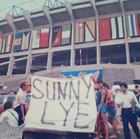 The group pose outside the Azteca Stadium in Mexico City on the day of the 1986 Quarter-final against Argentina