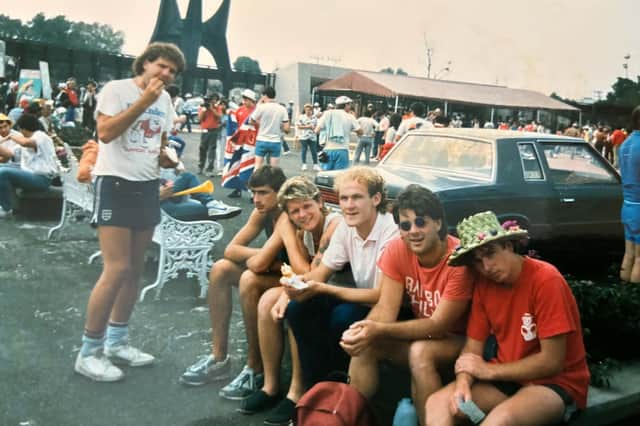 Paul Jason, Steve Kettle, Kev Mobley, Paul Tibbetts, Gary Harwicke and Paul Hewitson take a seat outside the Azteca Stadium