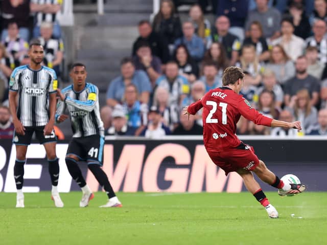 Isaac Price puts his side ahead at Newcastle.