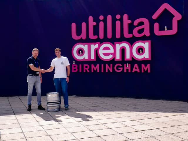 Wayne Hall, ops manager at NEC Group (left) and Oli Hurlow, co-founder of Attic (right) when the Attic beer arrived at the Utilita Arena Birmingham