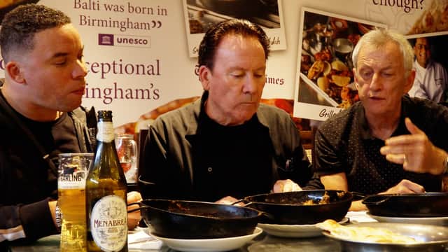 Campaigner Andy Munro (right) with UB40 members Matt Campbell (left) and Robin Campbell (centre) at traditional balti restaurant Shababs in Birmingham.