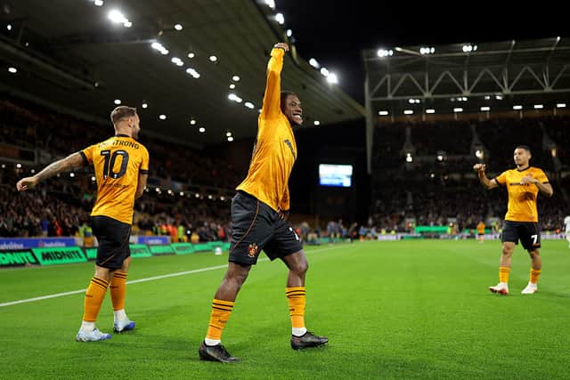 Jean-Ricner Bellegarde celebrates after scoring for Wolves against Bolton