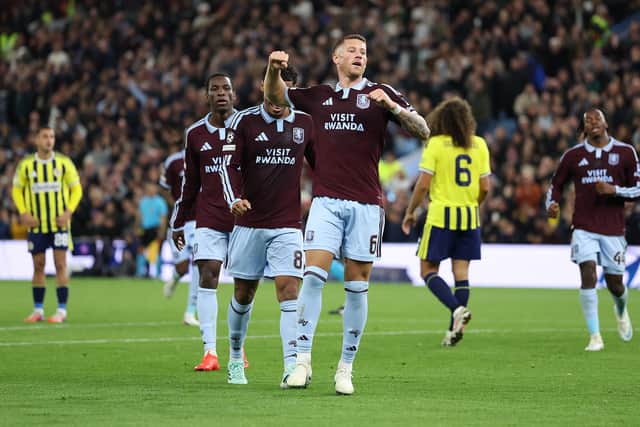 Ross Barkley of Aston Villa celebrates scoring his team’s fifth goal during the UEFA Champions League match against Fenerbahce SK at Villa Park on October 14, 2026