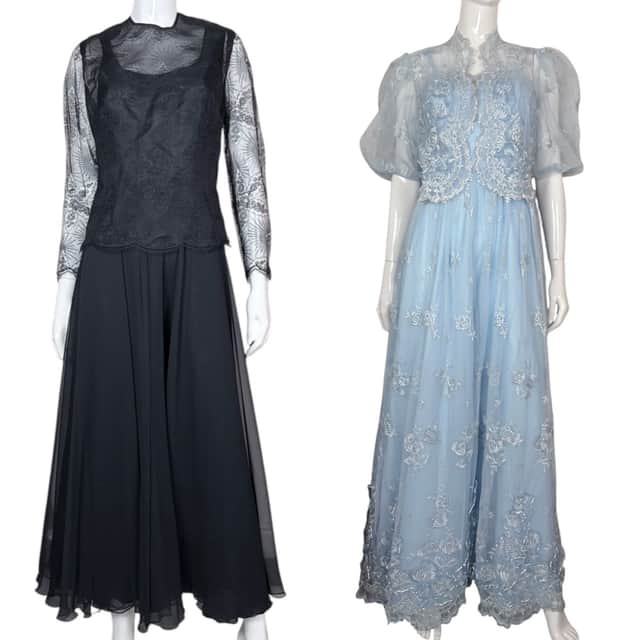 A couture evening dresses in powder blue and matching jacket in powder blue and a black silk chiffon dress, both made by Maureen Rose, the pair is expected to make £60-£80