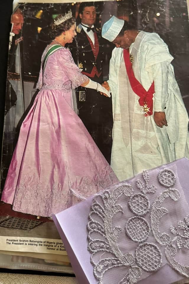 1989 Queen Elizabeth II welcomed the President of Nigeria, Ibrahim Badamasi Babangida in a dress made by Maureen Rose