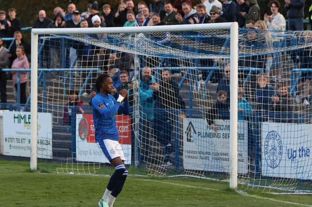 Vanylson Silva celebrates his opener for Halesowen Town against Hitchin before half-time