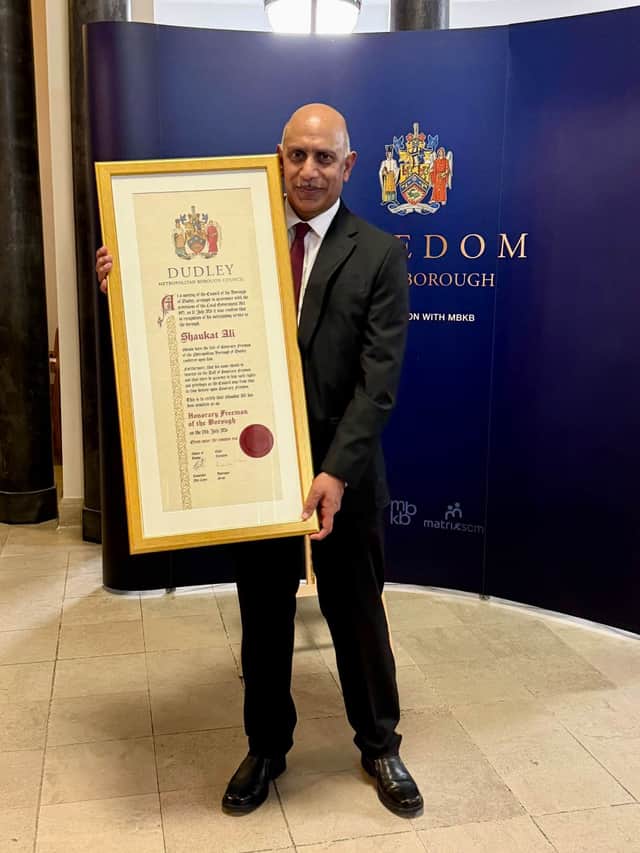 Cllr Shaukat Ali celebrates becoming a Freeman of the Borough of Dudley.
