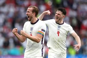 England's Harry Kane (left) and Declan Rice celebrating during England’s 2-0 victory over Germany at Wembley in Euro 2020 Photo: PA