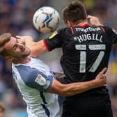 Patrick Bauer suffered a broken nose in this clash with ex-PNE striker Jordan Hugill on Saturday