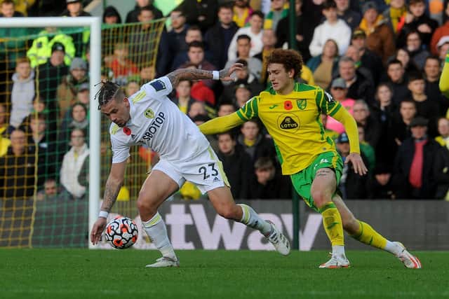Leeds United's Kalvin Phillips is challenged by Norwich City's Joshua Sargent at Carrow Road Picture: Simon Hulme
