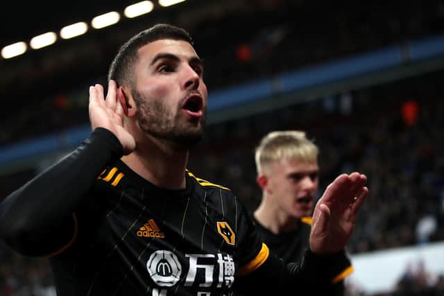 Wolverhampton Wanderers' Patrick Cutrone celebrates scoring his side's first goal of the game during the Carabao Cup, Fourth Round match at Villa Park, Birmingham. PA Photo. Picture date: Wednesday October 30, 2019. See PA story SOCCER Villa. Photo credit should read: Nick Potts/PA Wire. RESTRICTIONS: EDITORIAL USE ONLY No use with unauthorised audio, video, data, fixture lists, club/league logos or "live" services. Online in-match use limited to 120 images, no video emulation. No use in betting, games or single club/league/player publications LEP-191031-081248017