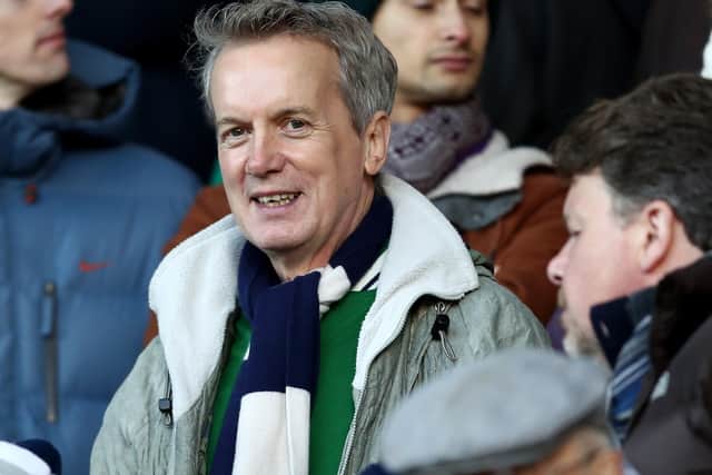 Occasionally funny comedian Skinner (pictured) is often at the Hawthorns and often alongside radio personality Adrian Chiles. Comedian Lenny Henry and guitar legend Eric Clapton are other baggies fans currently being bored to death by West Brom hoofball.  (Photo by Julian Finney/Getty Images).