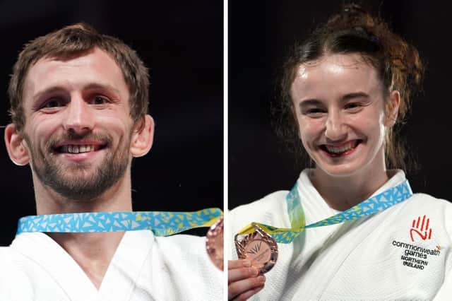 Northern Ireland’s Nathon Burns (left) with his Bronze medal won in the Men’s Judo -66kg and Yasmin Javadian (right) with her Bronze medal won in the Women’s -52 kg