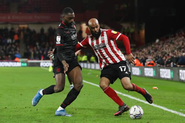 David McGoldrick of Sheffield United in action against West Bropmwich Albion, before being injured: Isaac Parkin / Sportimage