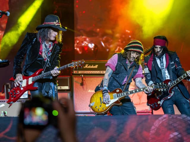 Hollywood Vampires members on stage at the Utilita Arena in Birmingham on Tuesday, July 11, 2023. Photo by David Jackson.