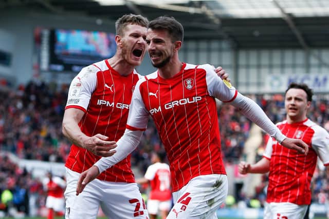 Rotherham United's Daniel Barlaser (right) celebrates with team-mate Michael Smith.
