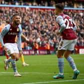BIRMINGHAM, ENGLAND - MARCH 05: Douglas Luiz celebrates with Philippe Coutinho of Aston Villa after scoring their team's second goal during the Premier League match between Aston Villa and Southampton at Villa Park on March 05, 2022 in Birmingham, England. (Photo by Marc Atkins/Getty Images)