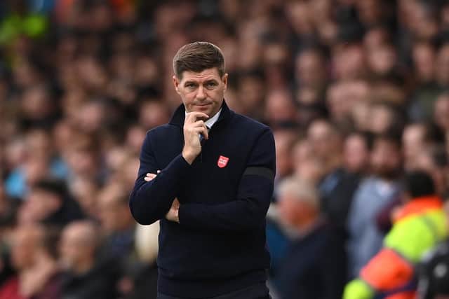 LEEDS, ENGLAND - OCTOBER 02:  Aston Villa head coach Steven Gerrard reacts on the touchline during the Premier League match between Leeds United and Aston Villa at Elland Road on October 02, 2022 in Leeds, England. (Photo by Stu Forster/Getty Images)