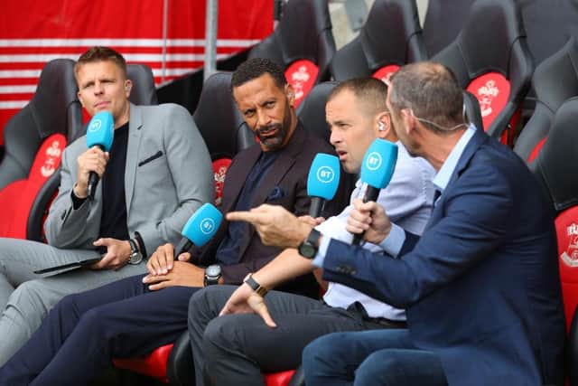 Jake Humphrey, Rio Ferdinand and Joe Cole report for BT Sport. (Photo by Catherine Ivill/Getty Images)