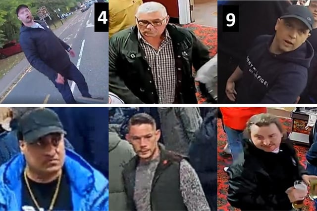 A total of 12 football fans are sought by South Yorkshire Police following disorder after a Sheffield United match at Bramall Lane. Shown are six of the 12 men in the appeal.