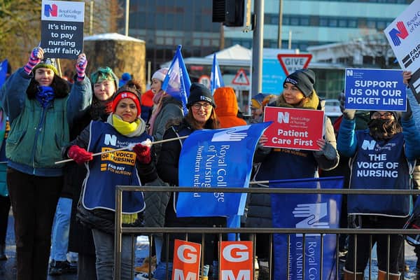 Royal College of Nurses members, campaigning for fair pay and conditions, pictured previously taking part in industrial action at Altnagelvin Hospital.  Photo: George Sweeney. DER2250GS - 38