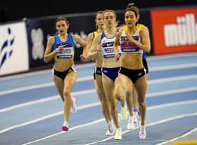 Jenny Selman (right) on the way to beating Jemma Reekie to win the women's 800 metres final at the UK Athletics Indoor Championships in Birmingham. Picture: Martin Rickett/PA