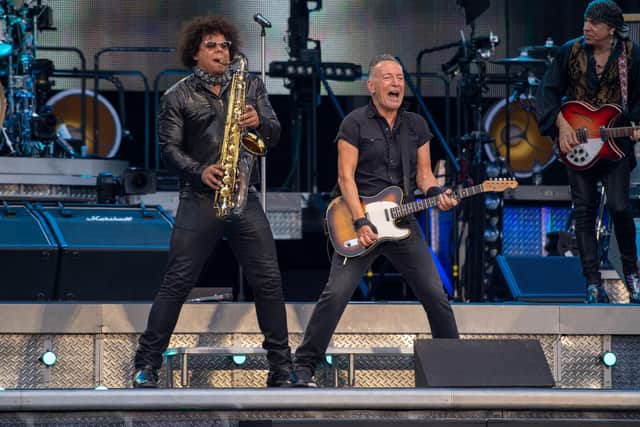 Jake Clemons and Bruce Springsteen performing at Villa Park, Birmingham, on Friday, June 16, 2023. Photo by David Jackson.