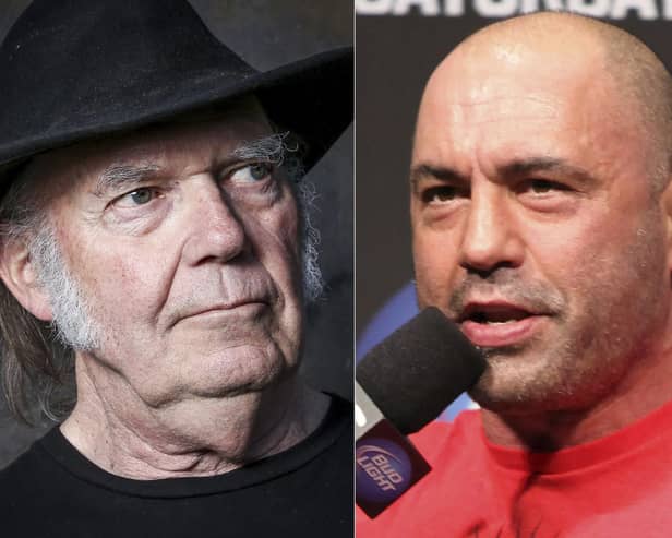 The streaming giant Spotify has responded to the mounting controversy surrounding it hosting a podcast which spreads misinformation about Covid (Pictured: Neil Young and Joe Rogan) 