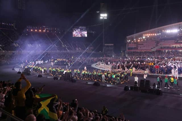Athletes of Team Jamaica acknowledge the fans during the Opening Ceremony of the Birmingham 2022 Commonwealth Games at Alexander Stadium.