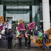 HS2 Rebellion protesters gather outside the HS2 headquarters in Birmingham in August