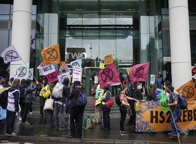 HS2 Rebellion protesters gather outside the HS2 headquarters in Birmingham in August