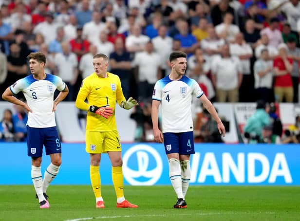 <p>England's John Stones, goalkeeper Jordan Pickford and Declan Rice during the FIFA World Cup Quarter-Final match at the Al Bayt Stadium in Al Khor, Qatar. Picture: Nick Potts/PA Wire.</p>