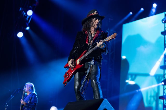 Hollywood Vampires guitarist Joe Perry on stage at the Utilita Arena in Birmingham on Tuesday, July 11, 2023. Photo by David Jackson.