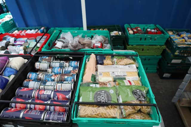 Food laid out in crates at a food bank in north London.