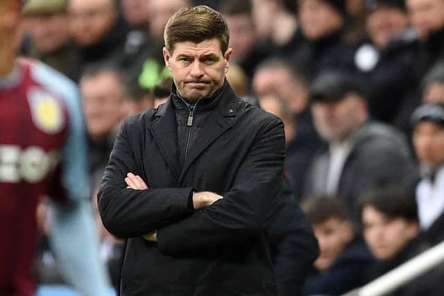 Aston Villa's English head coach Steven Gerrard looks on during the English Premier League football match between Newcastle United and Aston Villa at St James' Park in Newcastle-upon-Tyne, north east England on February 13, 2022. (Photo by OLI SCARFF/AFP via Getty Images)