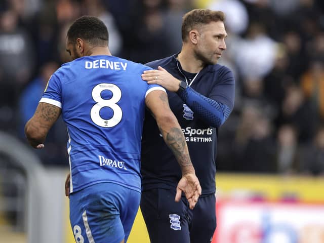 Birmingham City's Troy Deeney (left) is congratulated by manager John Eustace (Picture: PA)