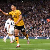 LEEDS, ENGLAND - OCTOBER 23: Hwang Hee-chan of Wolverhampton Wanderers celebrates after scoring their side's first goal during the Premier League match between Leeds United and Wolverhampton Wanderers at Elland Road on October 23, 2021 in Leeds, England. (Photo by Stu Forster/Getty Images)