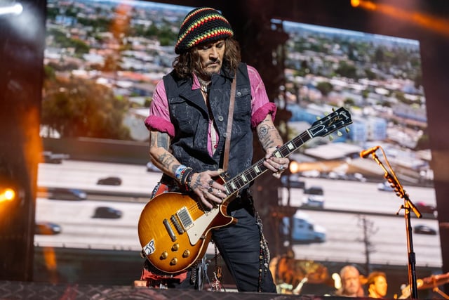 Hollywood Vampires guitarist Johnny Depp on stage at the Utilita Arena in Birmingham on Tuesday, July 11, 2023. Photo by David Jackson.