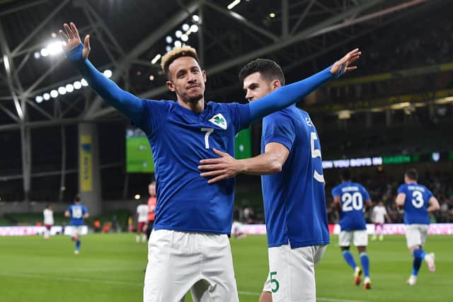 Callum Robinson celebrates with John Egan after scoring the Republic of Ireland's first goal against Qatar. (Photo by Charles McQuillan/Getty Images)