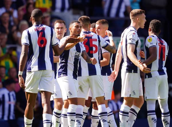 West Bromwich Albion players celebrate the opening goal, an own goal scored by Hull City's Callum Elder during the Sky Bet Championship match at The Hawthorns, West Bromwich. Picture: David Davies/PA Wire.